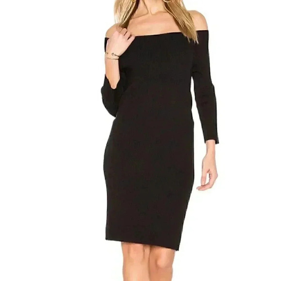 NWT 525 America Off Shoulder Ribbed Mini Sweater Dress Black L - Picture 1 of 11